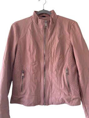 Guess Womens Pink Faux Leather Moto Jacket Quilted Side Panels Zipper Pockets